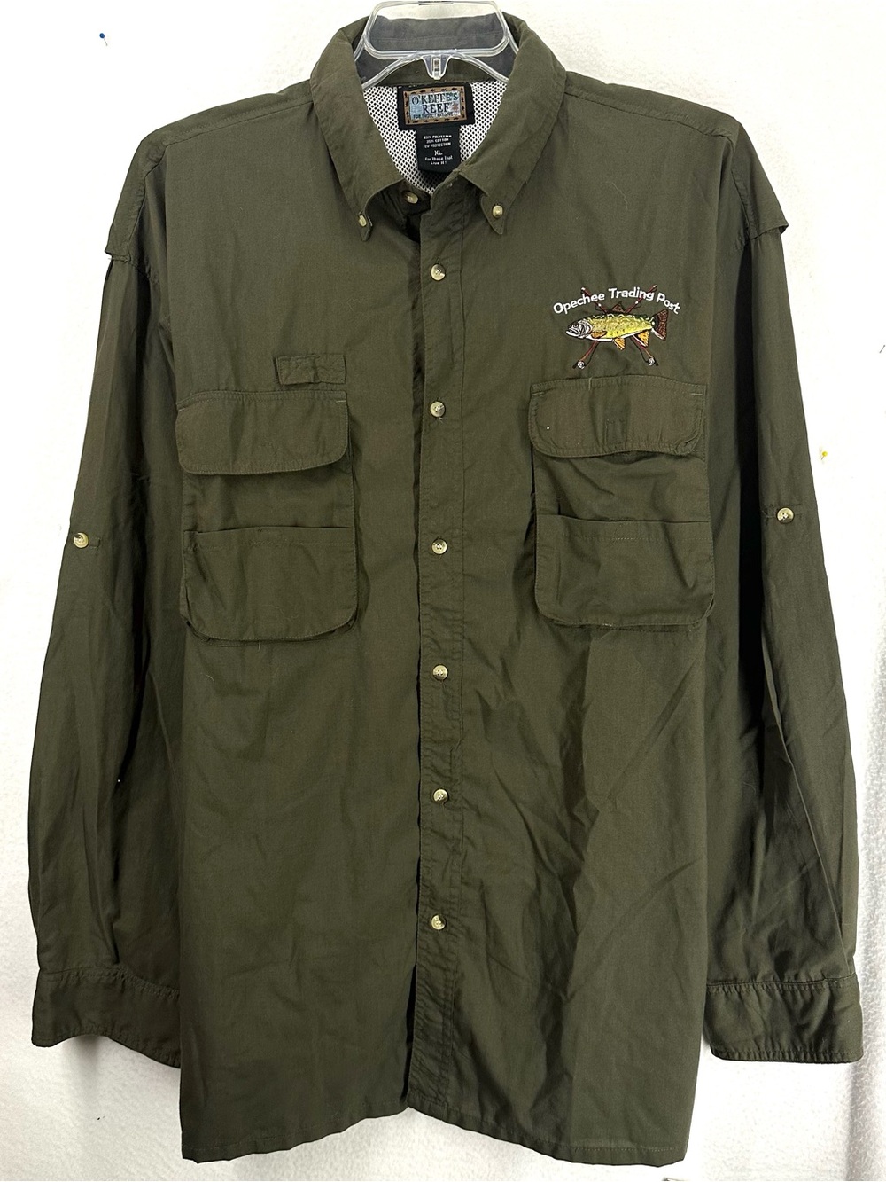 O’Keeffe’s Reef Men’s XL Opachee Trading Post Fishing Shirt Green Embroidered